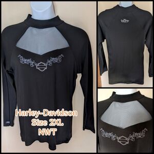 NWT, Harley-Davidson, Peek-A-Boo Mesh, Long Sleeved, Black, Sparkle Top, Size 2X